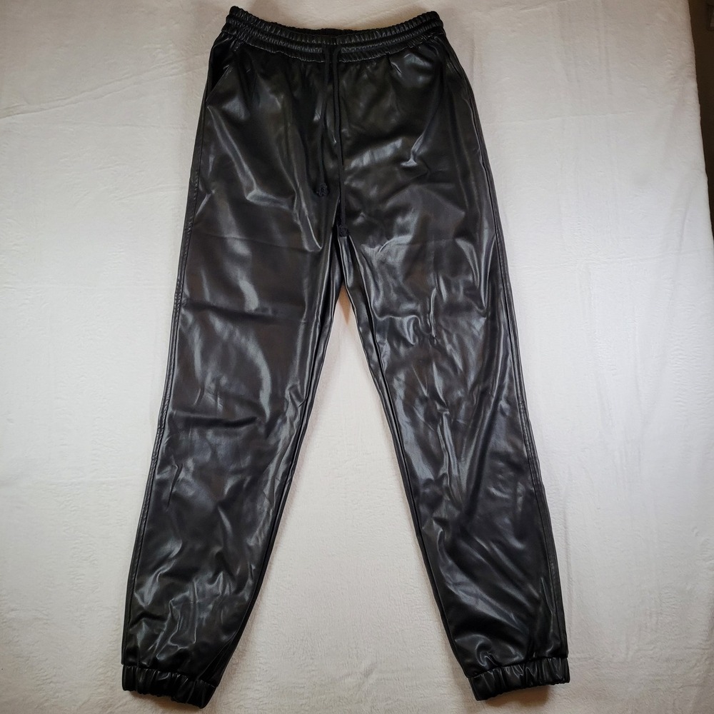 Double Zero Black Faux Leather Jogger Pants Drawstring Waist DZ23F394 Womens L